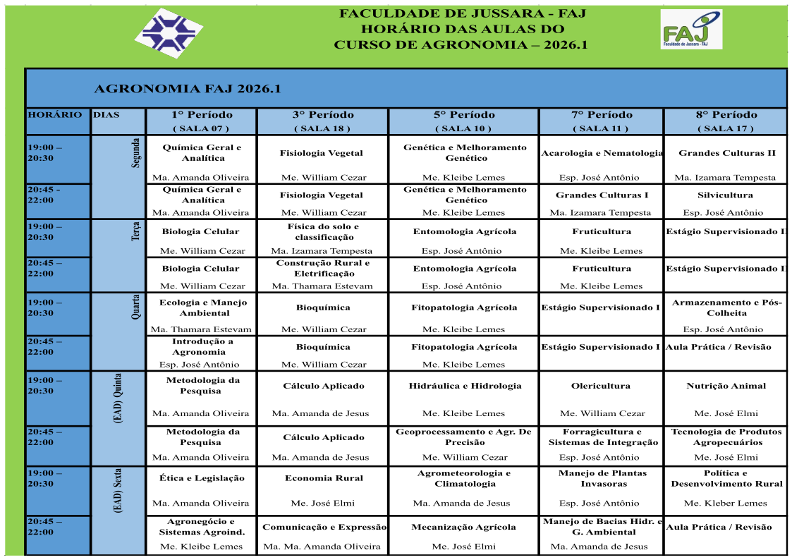 horário de aula agronomia 2026 1